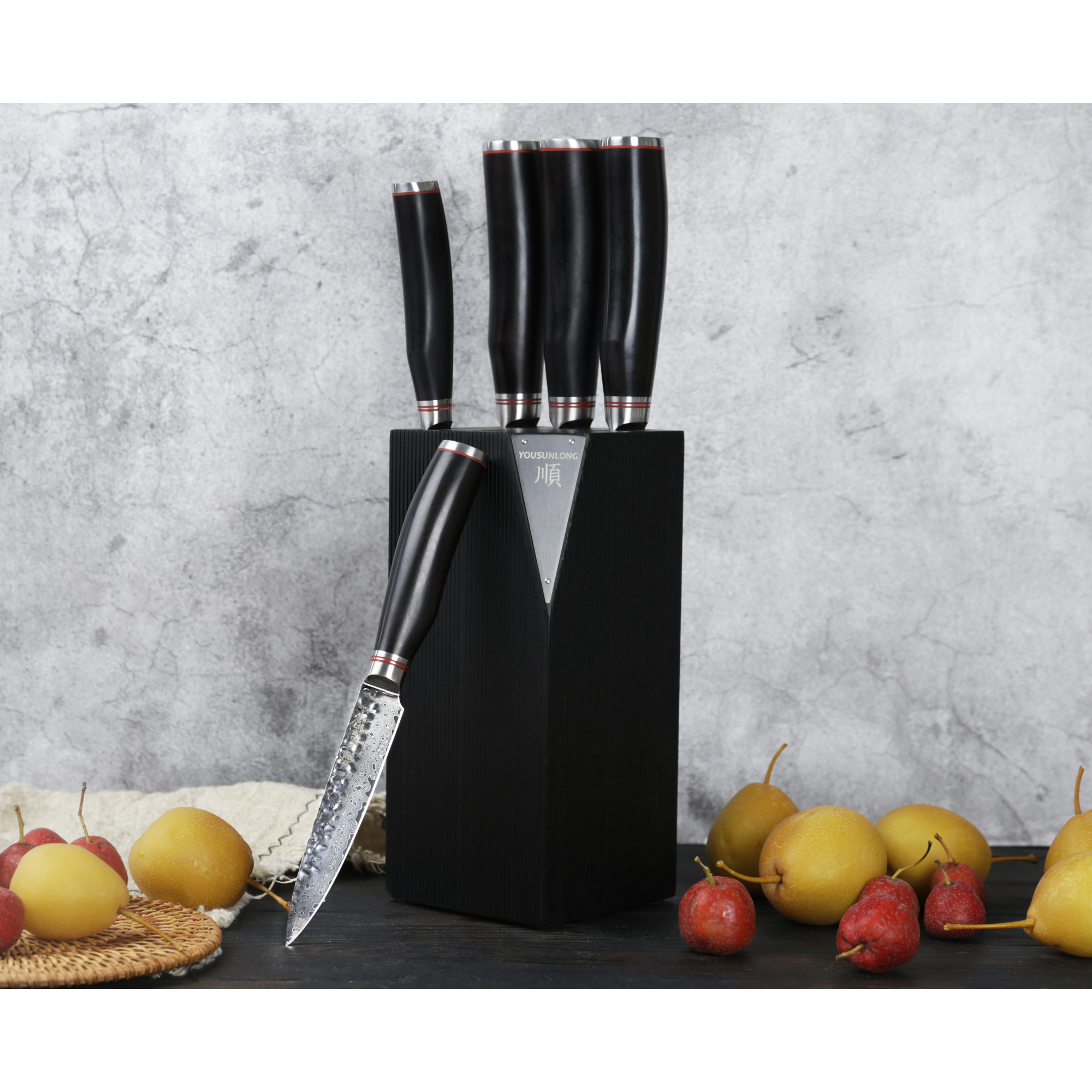Yousunlong Knife Block Sets - 5pcs Kitchen Knives Set Japanese Aus8 Steel Black Titanium with Gift Box